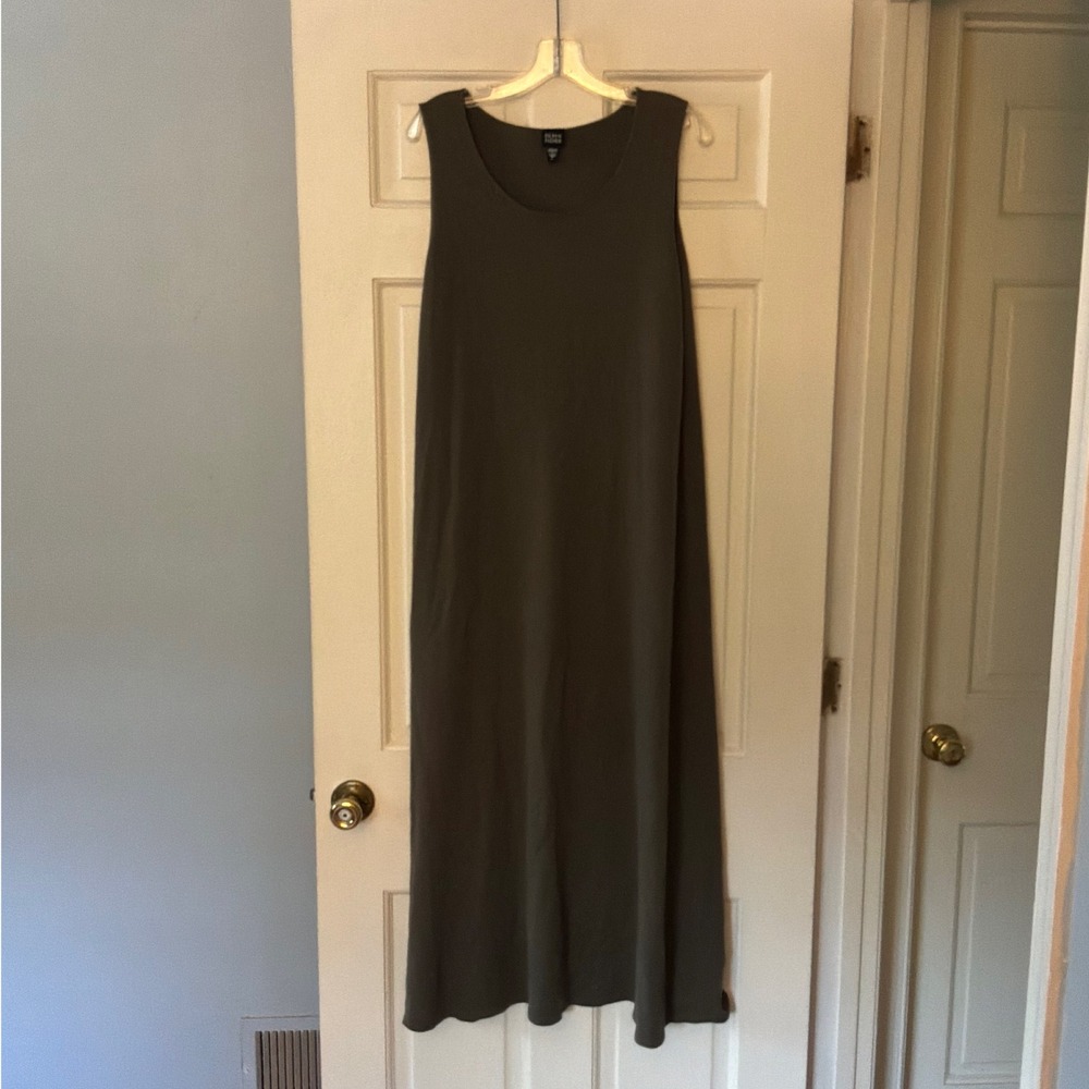 Eileen Fisher Vintage Wool Maxi Dress Olive Green Italian Yarn L Minimalist Chic